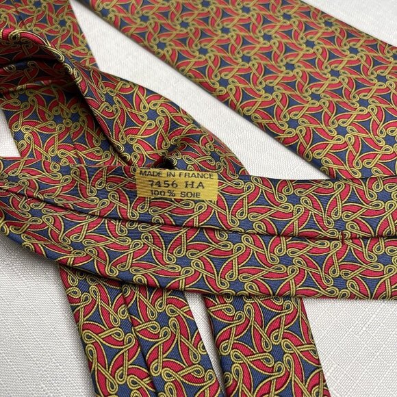 HERMES Blue Red Silk Graphic Neck Tie - Picture 6 of 6